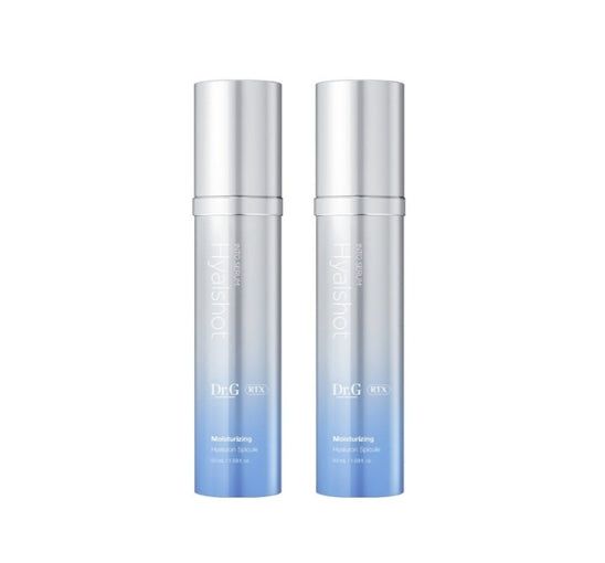 Two silver skincare bottles with blue gradient labels on a white background
