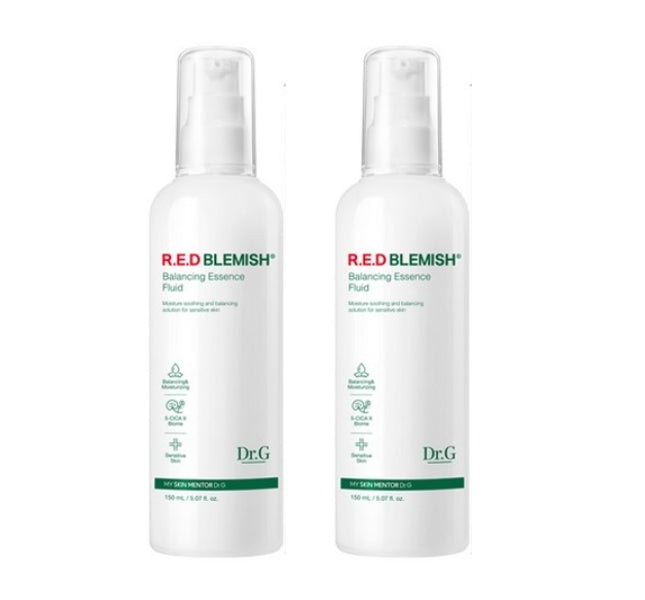 Two bottles of Dr.G Red Blemish Balancing Essence Fluid, each with a capacity of 150ml, are displayed against a white background.