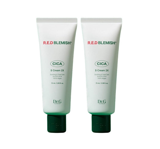 Two tubes of Dr.G R.E.D Blemish Cica S Cream 2X on a white background