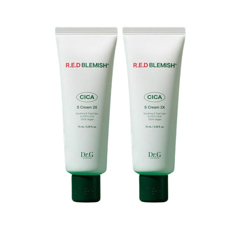Two tubes of Dr.G R.E.D Blemish Cica S Cream 2X on a white background