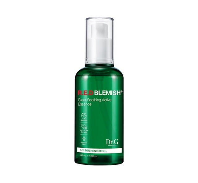 A green bottle of Dr.G Red Blemish Clear Soothing Active Essence with a white pump, labeled for skin care.