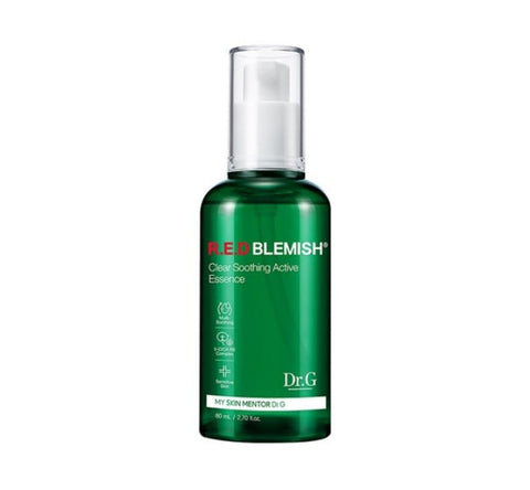 A green bottle of Dr.G Red Blemish Clear Soothing Active Essence with a white pump, labeled for skin care.