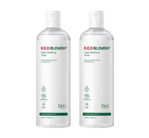 Two bottles of Dr.G Red Blemish Clear Soothing Toner, each labeled 500ml, with a green and white color scheme.