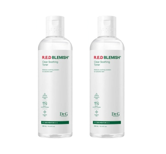 Two bottles of Dr.G Red Blemish Clear Soothing Toner, each with a capacity of 300ml, packaged in a white and green box.