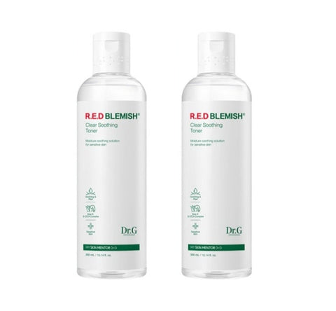 Two bottles of Dr.G Red Blemish Clear Soothing Toner, each with a capacity of 300ml, packaged in a white and green box.