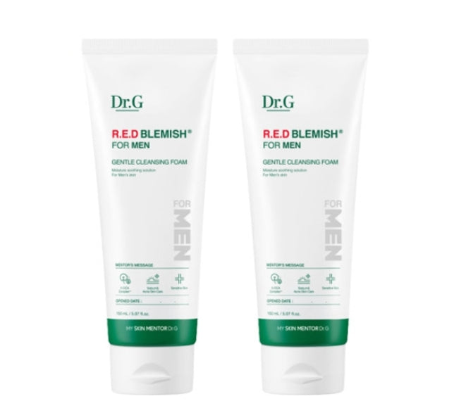 Two tubes of Dr.G Red Blemish for Men All Gentle Cleansing Foam, each with a capacity of 150ml, packaged in white sachets with green and red text.