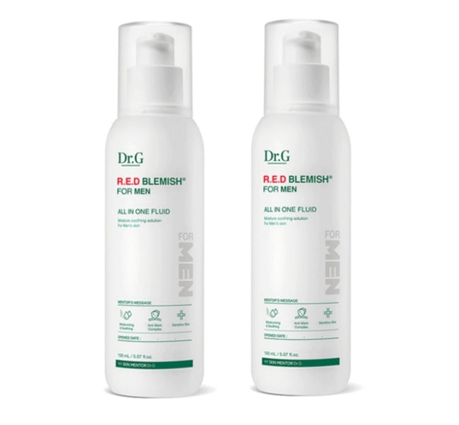Two bottles of Dr.G Red Blemish for Men All In One Fluid, each with a capacity of 150ml, packaged in white plastic bottles with a clear pump dispenser.