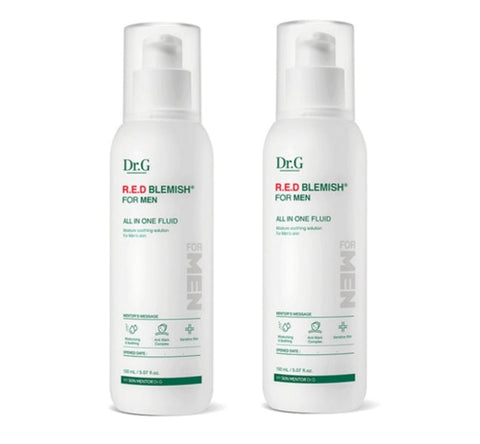 Two bottles of Dr.G Red Blemish for Men All In One Fluid, each with a capacity of 150ml, packaged in white plastic bottles with a clear pump dispenser.