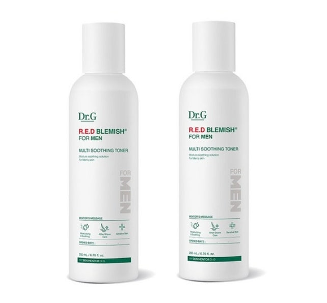 Two bottles of Dr.G Red Blemish for Men Multi Soothing Toner, 200ml each, displayed against a white background.