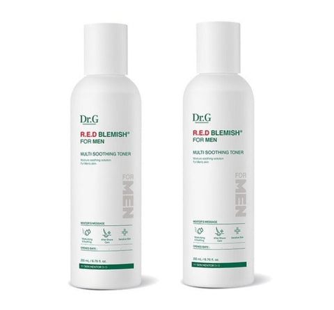 Two bottles of Dr.G Red Blemish for Men Multi Soothing Toner, 200ml each, displayed against a white background.