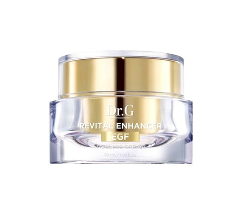 A jar of Dr.G Revital Enhancer Ageless Cream with a white body and gold accents on the lid and label.