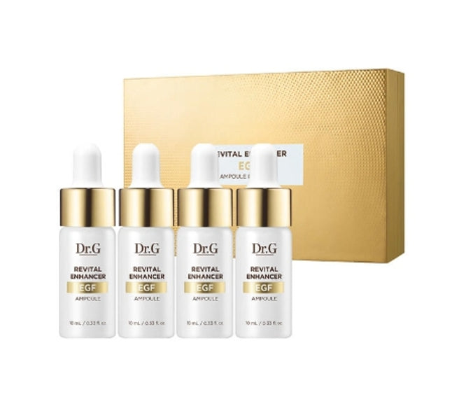 A set of four Dr.G Revital Enhancer Ampoules in white and gold packaging, with a total volume of 10ml each, presented with a golden textured box.