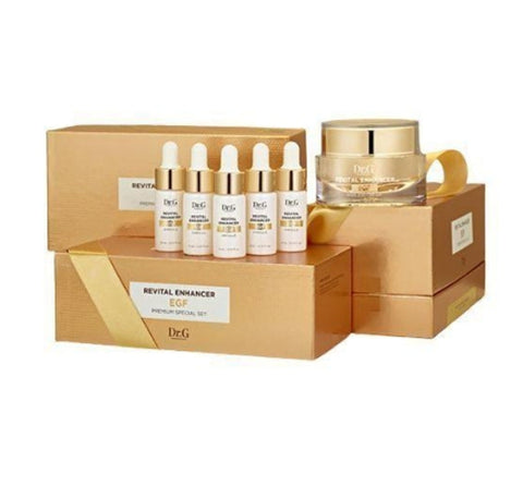 A set of skincare products by Dr.G, including ampoules and cream, with packaging in gold and white colors.