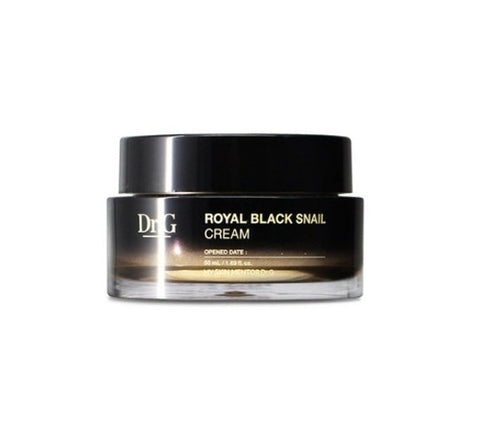 A jar of Dr.G Royal Black Snail Cream with a black and gold label, indicating a capacity of 50ml.