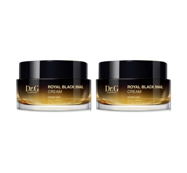 Two jars of Dr.G Royal Black Snail Cream, each labeled 50ml, with a black and gold color scheme.