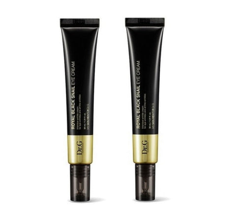 Two tubes of Dr.G Royal Black Snail Eye Cream with black and gold packaging, labeled as having 30ml volume each.
