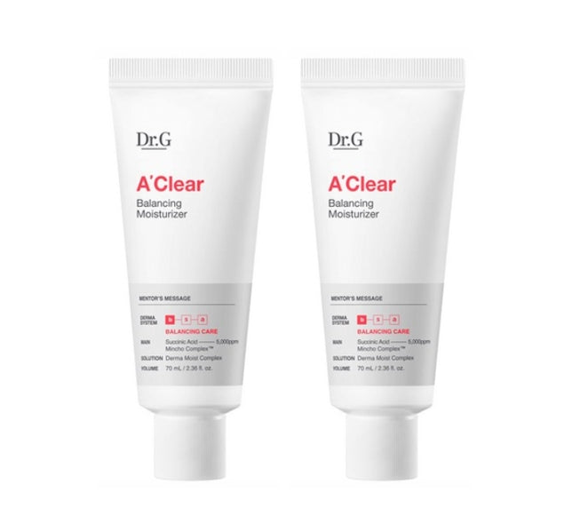 Two tubes of Dr.G A-Clear Balancing Moisturizer with white and red labeling, each containing 70ml of product.