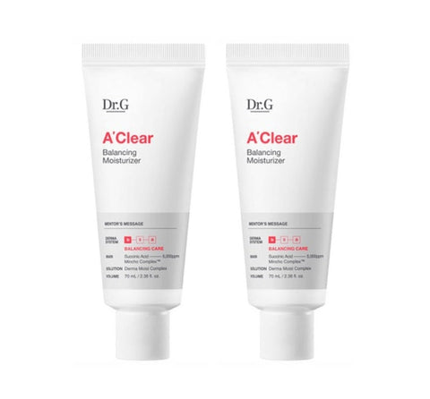 Two tubes of Dr.G A-Clear Balancing Moisturizer with white and red labeling, each containing 70ml of product.