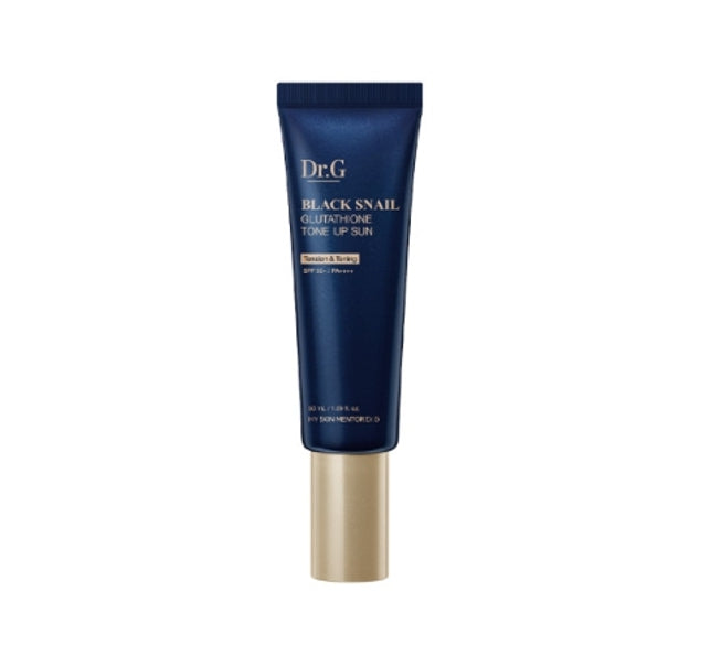 A tube of Dr.G Black Snail Glutathione Tone Up Sunscreen with SPF50+ / PA++++, primarily blue in color.