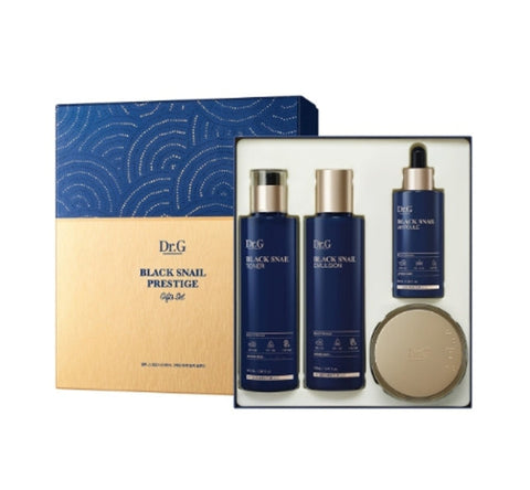 A skincare set from Dr.G, including Black Snail Toner, Emulsion, Ampoule, and Cream, packaged in a box with a blue and gold design.
