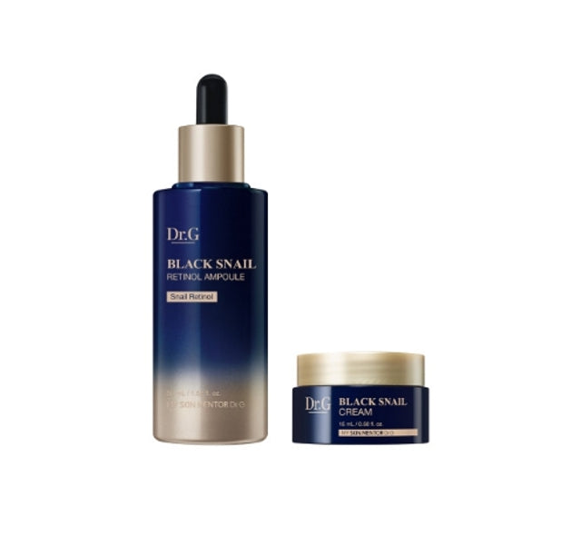 A set of two Dr.G Black Snail Retinol products, including a 50ml ampoule and a 15ml cream jar, both with a dark blue label and gold-colored caps.