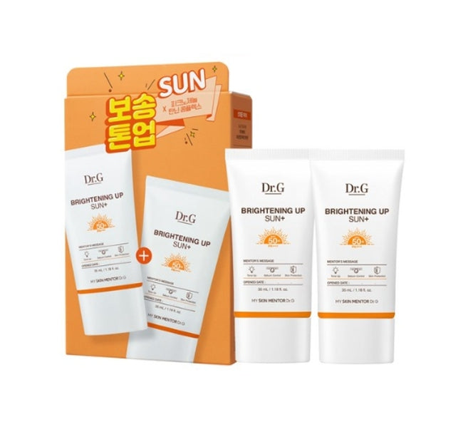 Packaging and bottles of Dr.G Brightening Up Sun Plus SPF50+ PA+++ sunscreen lotion, with the product visible against a white background.