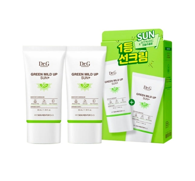 Two tubes of Dr.G Green Mild Up Sun Plus SPF50+ PA++++ sunscreen lotion in a green and white packaging, indicating the product is from Korea.