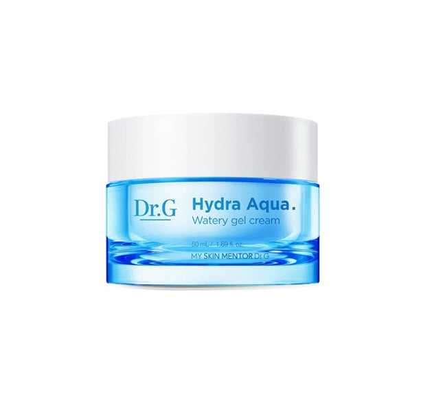 A jar of Dr. G Hydra Aqua Watery Gel Cream with a blue and clear design, indicating it is a skin care product.