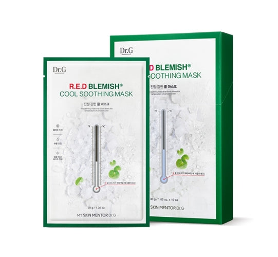 Packaging for Dr.G Red Blemish Cool Soothing Mask, showing the product's box and individual packaging, with the mask depicted as a cooling device for skin.