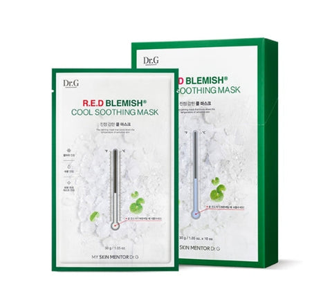 Packaging for Dr.G Red Blemish Cool Soothing Mask, showing the product's box and individual packaging, with the mask depicted as a cooling device for skin.
