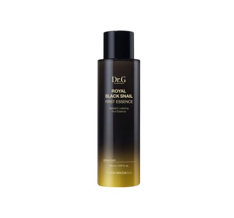 A bottle of Dr.G Royal Black Snail First Essence with a black and gold label, predominantly black in color.