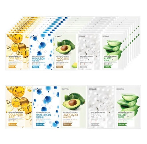 EUNYUL Natural Moisture Mask Pack Aloe 10pcs + Collagen 10pcs + Pearl 10pcs + Hyaluron 10pcs + Avocado 10pcs (50 Sheets) Set