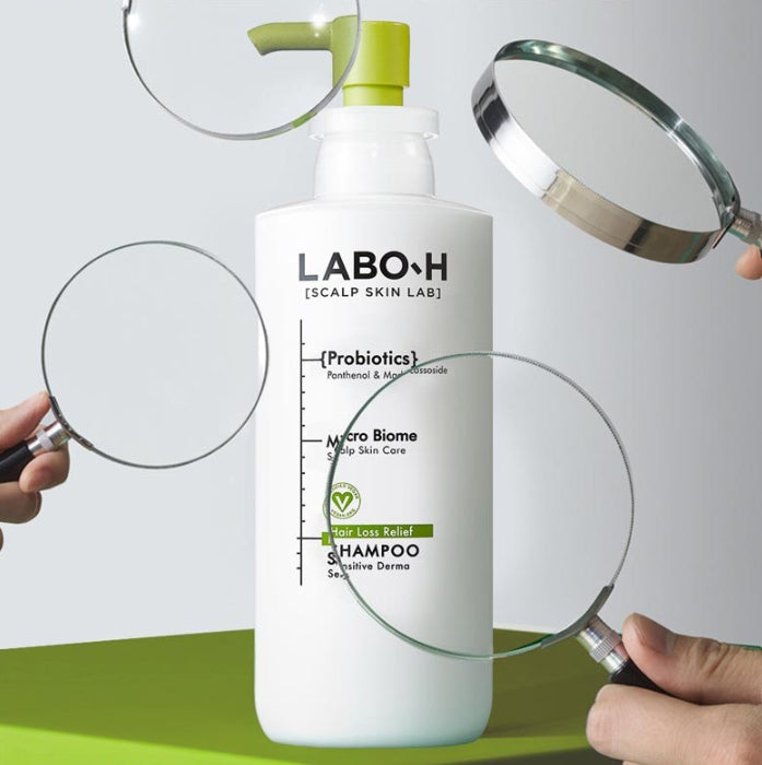 LABOH shampoo bottle with magnifying glasses on a white background