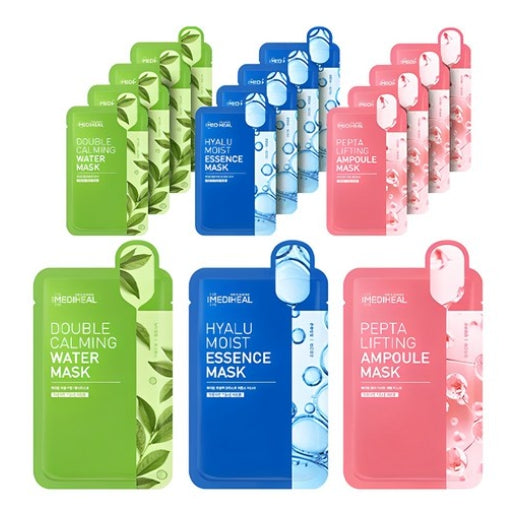 MEDIHEAL Double Calming Water Mask 5pcs + Hyalu Moist Essence Mask 5pcs + Penta Lifting Ampoule Mask 5pcs (15 Sheets) Set