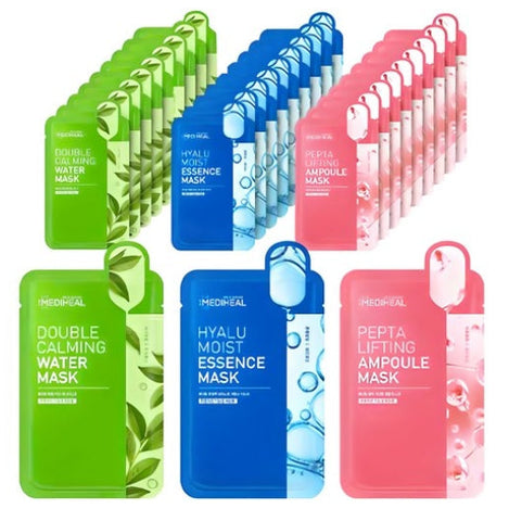 MEDIHEAL Double Calming Water Mask + Hyalu Moist Essence Mask + Penta Lifting Ampoule Mask 30 Sheets Set