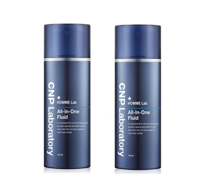 Two bottles of CNP Laboratory HOMME Lab All-In-One Fluid, 120ml each, in a navy color with white and silver text, indicating the product is for men.