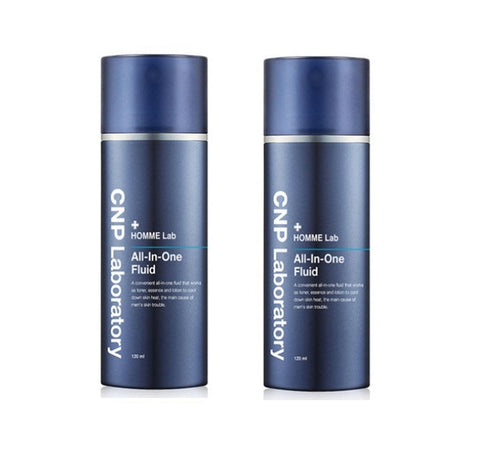 Two bottles of CNP Laboratory HOMME Lab All-In-One Fluid, 120ml each, in a navy color with white and silver text, indicating the product is for men.
