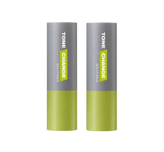 Two green and gray lip balms with 'Tone Change' branding on a white background
