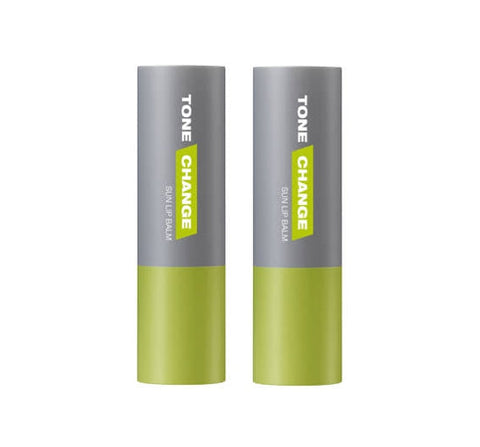 Two green and gray lip balms with 'Tone Change' branding on a white background