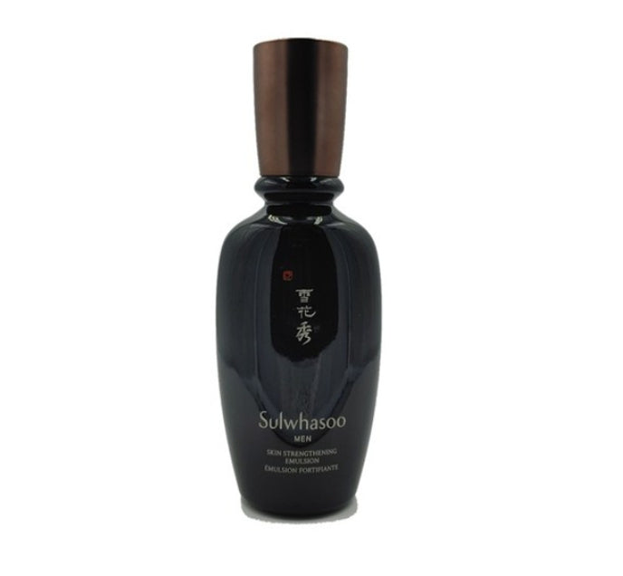 Sulwhasoo Men Skin Strengthening Emulsion bottle with sleek packaging, ideal for hydration and firming men's skin.