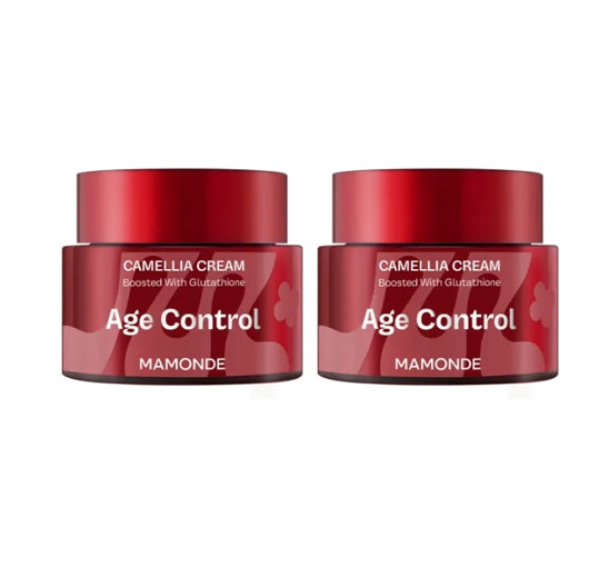 Two red jars of Mamonde Age Control Camellia Cream on a white background