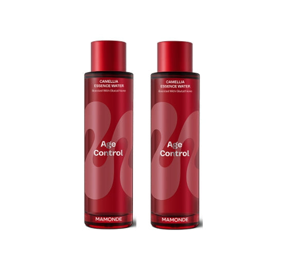 Two red bottles of Mamonde Age Control Essence Water on a white background