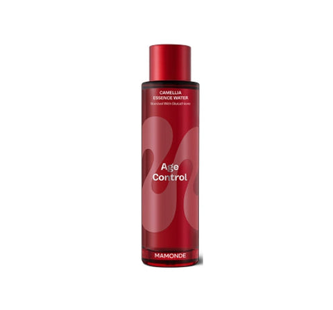 Red bottle of Mamonde Age Control Essence Water on a white background
