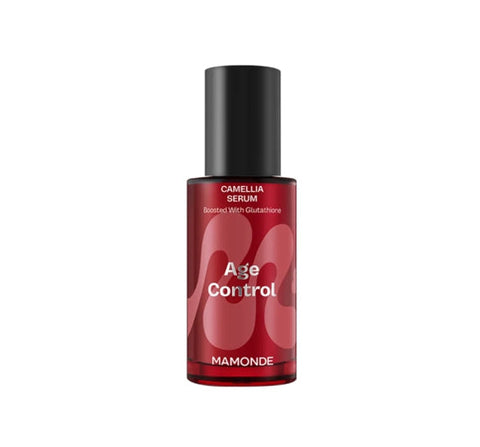 Red bottle of Mamonde Age Control serum on a white background