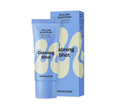 A tube of Mamonde Calming Shot Azulene Suncream with packaging, predominantly blue in color with white and yellow text, indicating high-purity azulene and SPF50+ PA++++ protection.