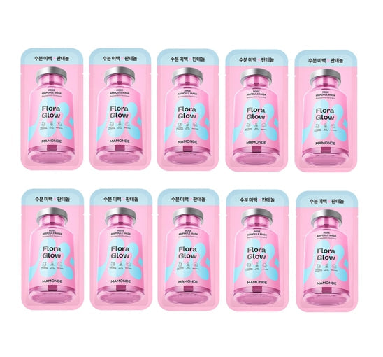 Multiple pink bottles labeled 'Flora Glow' on a white background