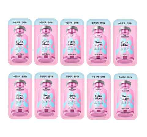 Multiple pink bottles labeled 'Flora Glow' on a white background