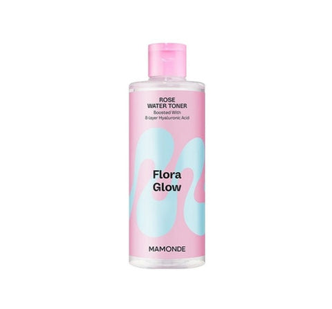 Mamonde Flora Glow rose water toner bottle on a white background