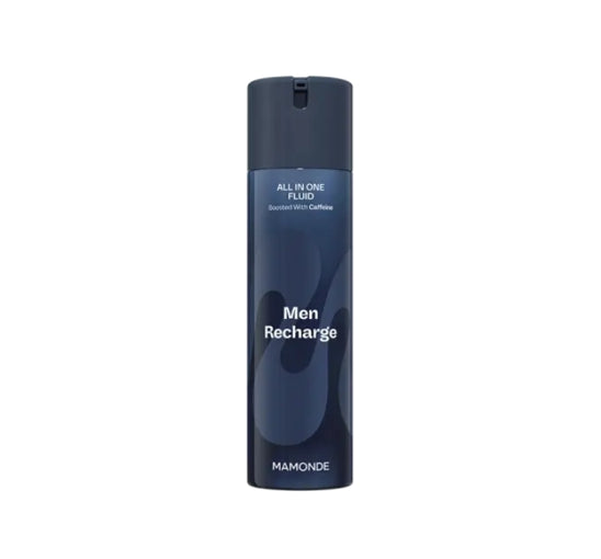Blue bottle labeled 'Men Recharge' by Mamonde on a white background