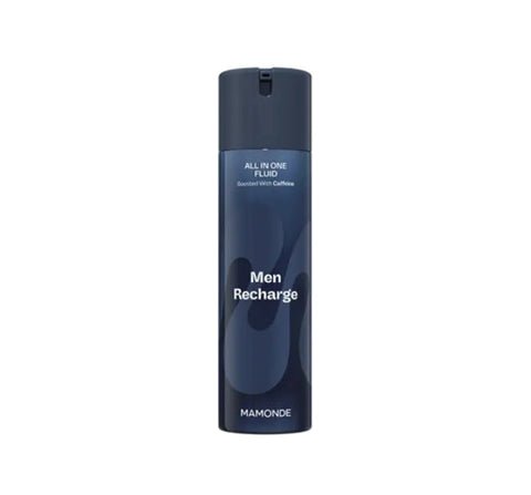 Blue bottle labeled 'Men Recharge' by Mamonde on a white background